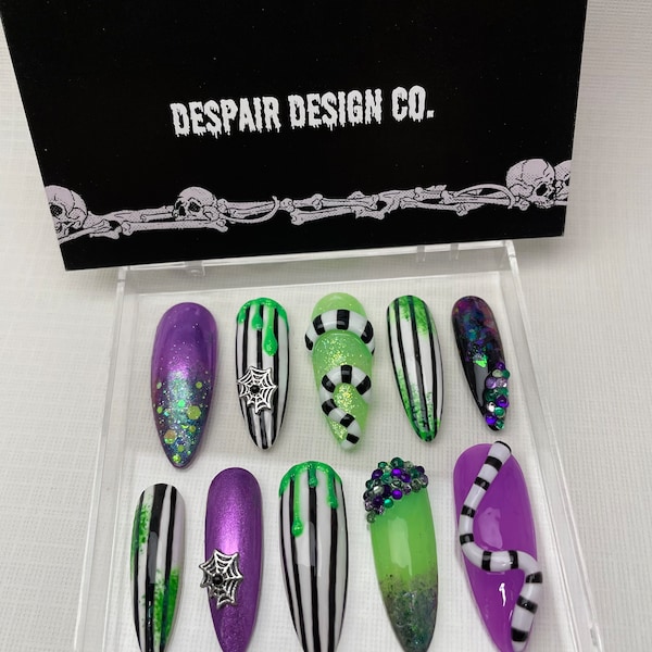 Beetlejuice Press-On Nails: Luxury Goth Halloween Acrylic Nails