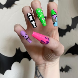 Hello Halloween Reusable Luxury Gel Press-On Nails, Pastel Nails, Neon Nails, Goth Nails, Halloween Nails, Emo Nails, Coffin Nails