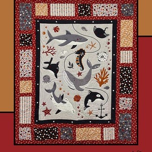May include: A quilt pattern featuring a whimsical underwater scene with fish, seahorses, and an anchor. The quilt is framed with a red and black border with a variety of patterned fabrics. The title "Fish & Chips" is displayed at the top of the quilt pattern. The quilt pattern is designed by Heidi Cook for Villa Rosa Designs.