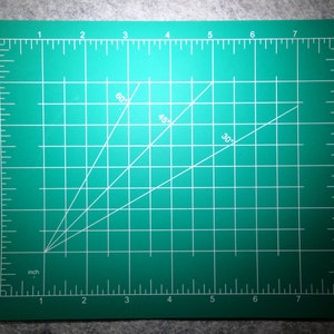 May include: A green self-healing cutting mat with white grid lines and inch markings. The mat has three diagonal lines marked with 30, 45, and 60 degrees.