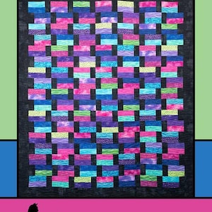 May include: Bookend quilt pattern featuring a colorful patchwork design with a black background. The pattern is titled "Bookend" and is by Melissa Milligan for Villa Rosa Designs.
