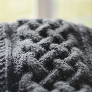May include: A close-up of a dark gray knitted fabric with a textured, cable knit pattern.