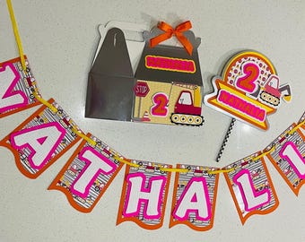 Pink Excavator Birthday Banner: Girl Construction Party Decorations
