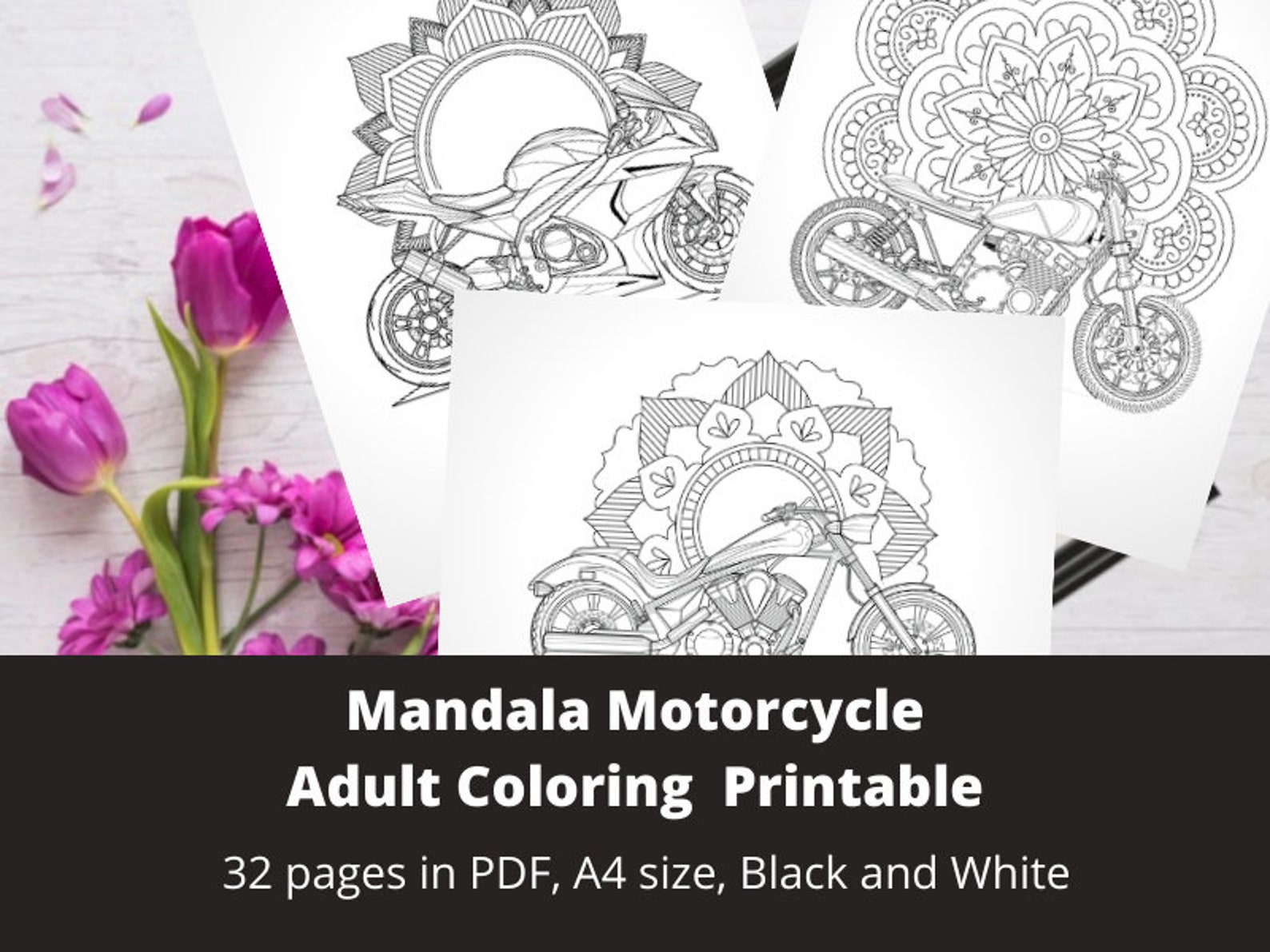 Mandala Motorcycle Theme Adult Coloring Printable Instant | Etsy