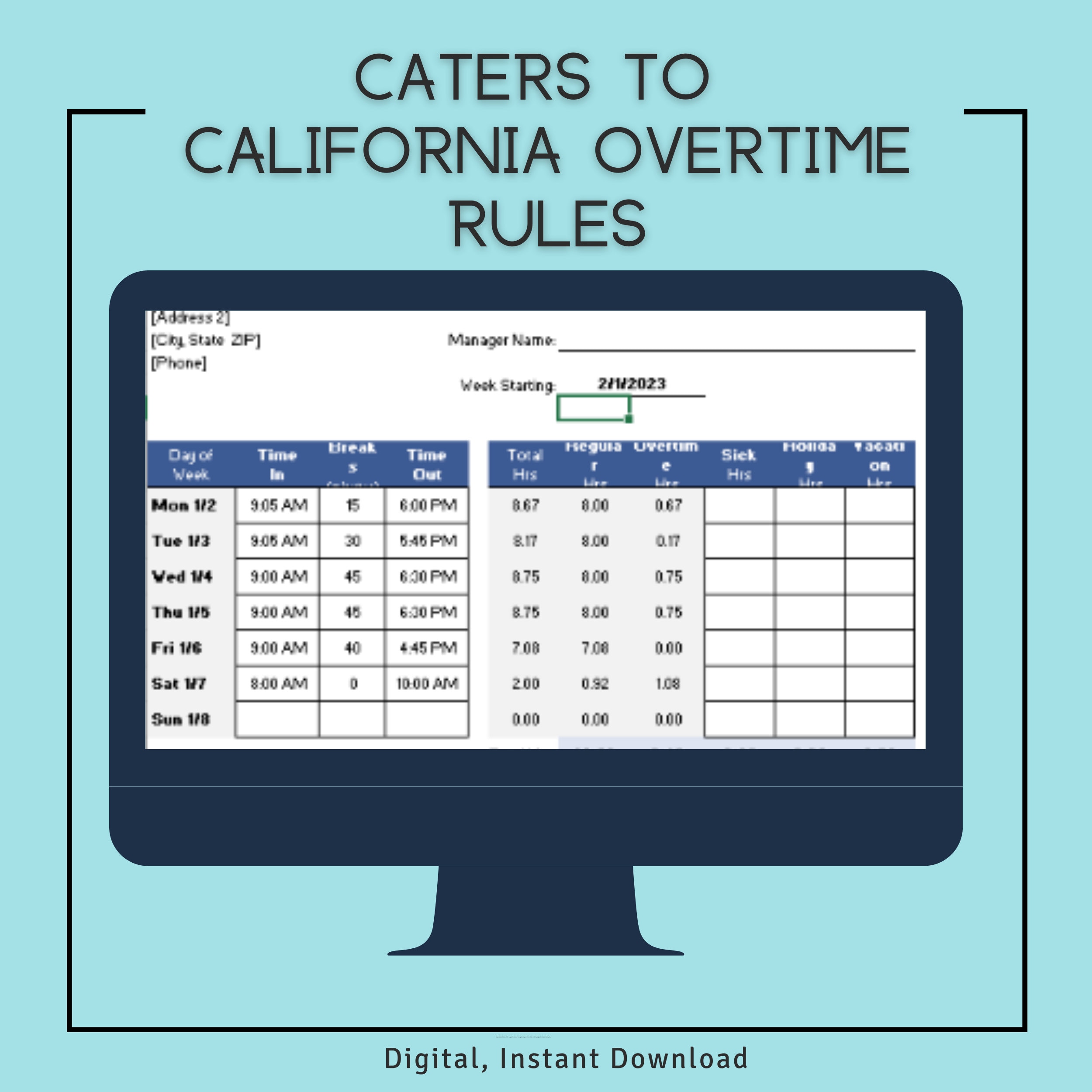 Weekly Time Card Calculator, Excel Spreadsheet, Weekly Timesheet, Time