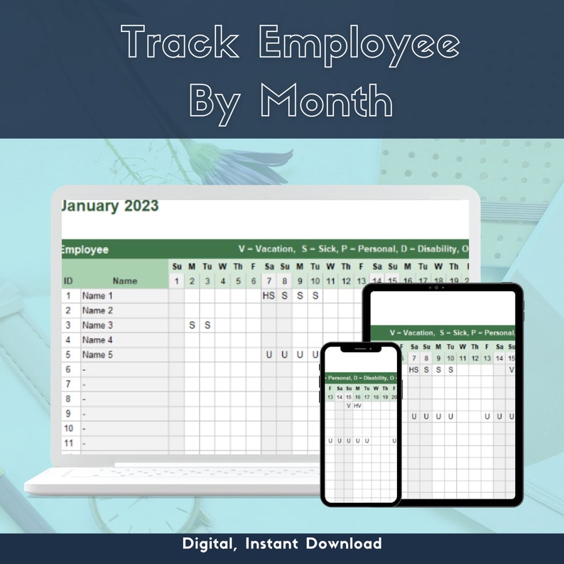 Employee Leave Tracker, Excel Spreadsheet, Digital, Instant Download
