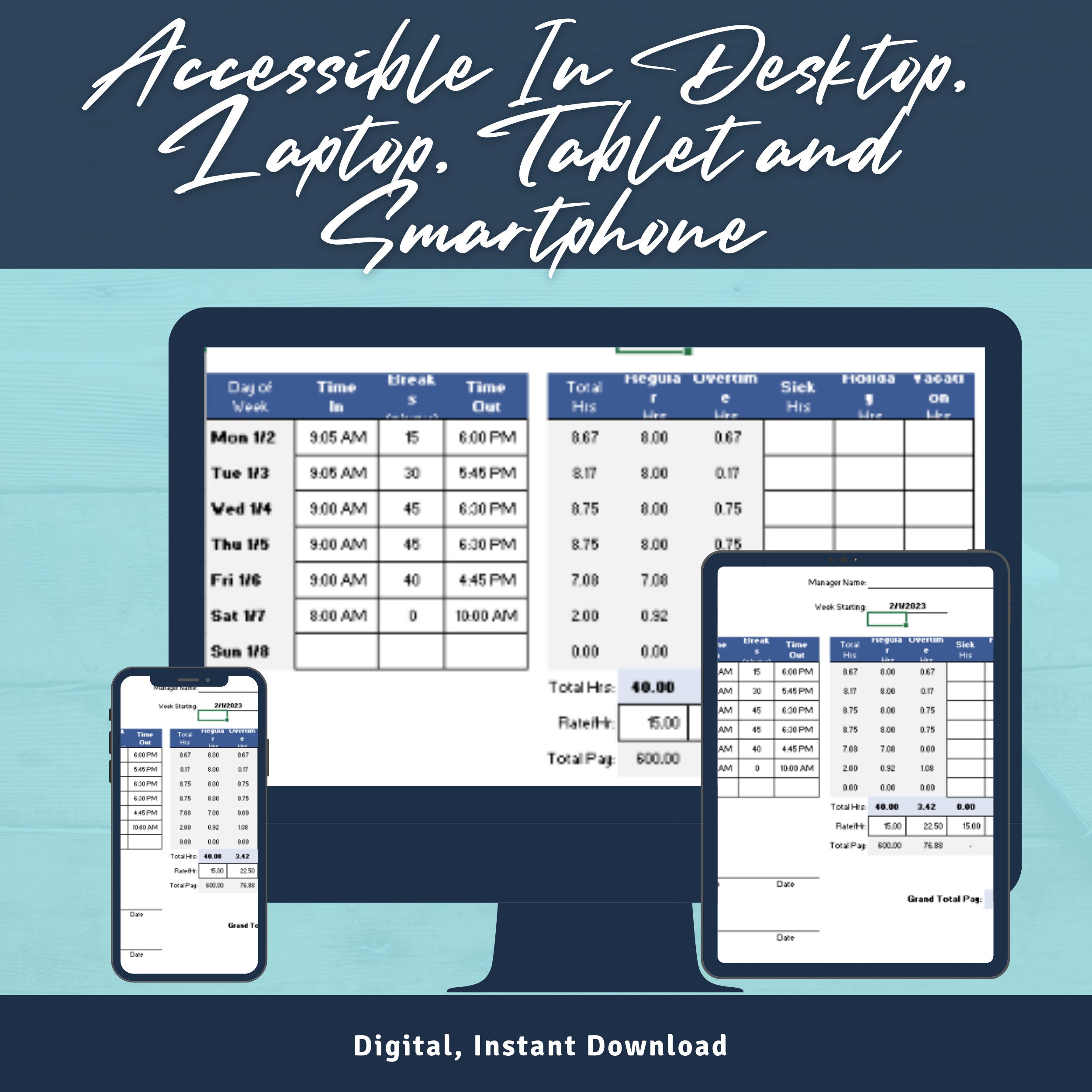 Weekly Time Card Calculator, Excel Spreadsheet, Weekly Timesheet, Time