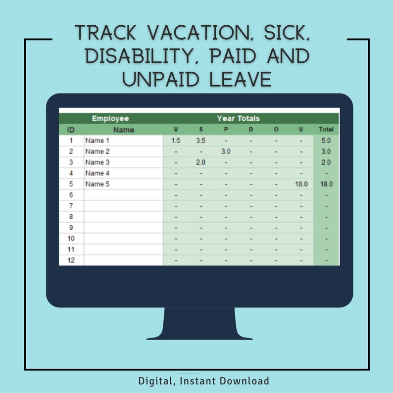 Employee Leave Tracker Excel Spreadsheet Digital Instant Etsy