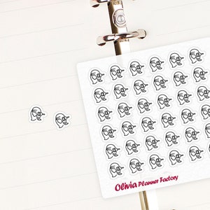Könnte beinhalten: Ein Blatt weißes Klebepapier mit 36 schwarzen und weißen 'Frau denkt' Meme-Aufklebern. Die Aufkleber sind in einem Raster angeordnet. Auf dem Aufkleberblatt steht 'Olivia Planner Factory' und 'L326'.