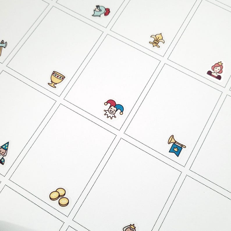 May include: A grid of white squares with various medieval-themed stickers. Stickers include a jester, a chalice, a knight's helmet, a fleur-de-lis, a princess, a trumpet, and gold coins. The stickers are colorful and cartoon-like.