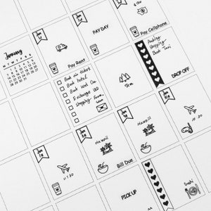 May include: A black and white planner with handwritten notes and illustrations. The planner includes dates, times, and tasks for the month of January. The planner also includes a list of things to do, such as book air tickets, book a hotel, and exchange USD.
