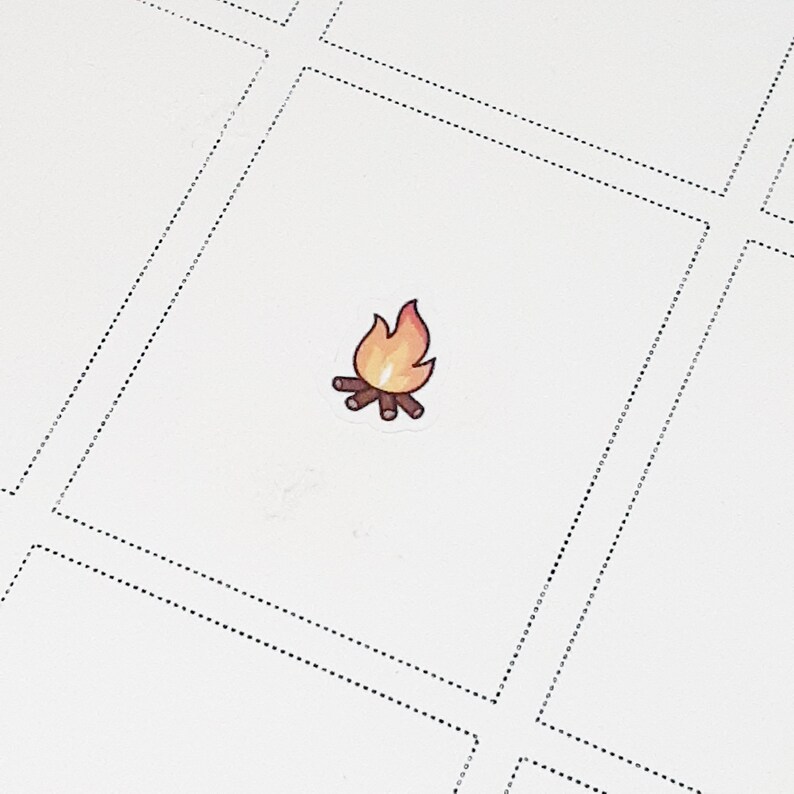 May include: A small sticker featuring a cartoon campfire with orange, yellow, and red flames atop brown logs. The sticker is set against a white background with a grid pattern.