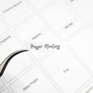 Puede incluir: Una etiqueta blanca con el texto "Prayer Meeting" escrito en cursiva negra. La etiqueta está siendo sostenida por unas pinzas sobre una cuadrícula de cuadrados blancos con varias etiquetas de texto.