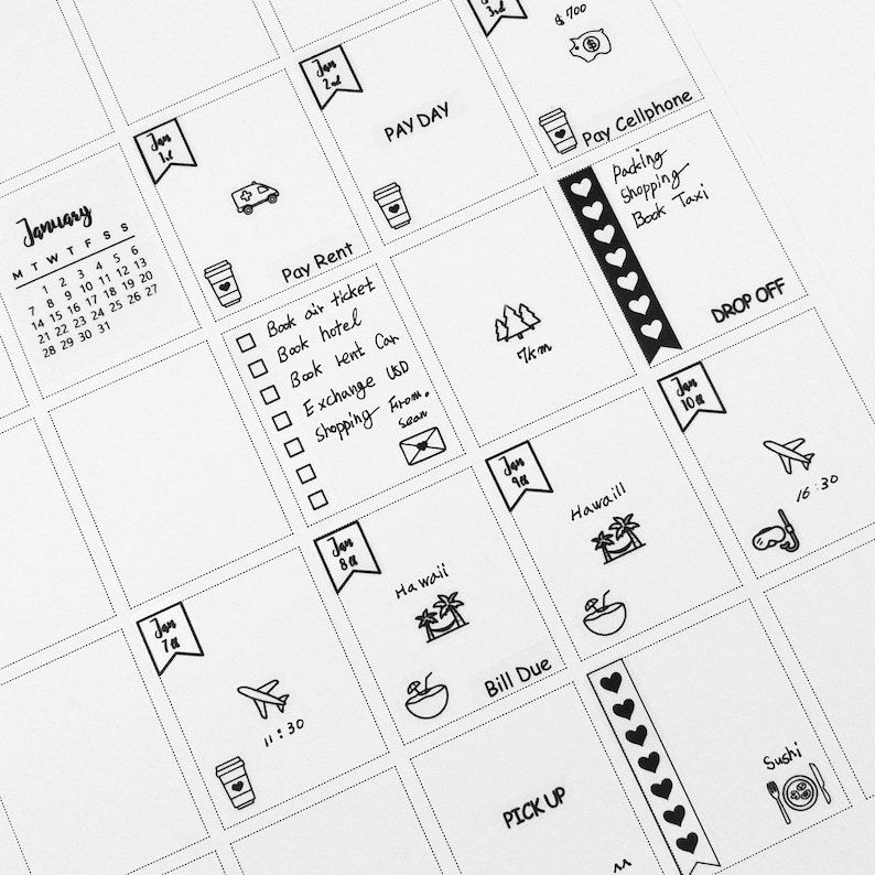 May include: A black and white planner page with the month of January and daily entries. Includes icons for coffee cups, airplanes, palm trees, and sushi. Text includes "Pay Day", "Hawaii", and "Sushi".