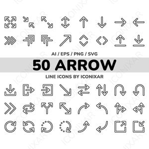 May include: A set of 50 black and white arrow icons. The icons are in a line style and are arranged in a grid. The icons include arrows pointing in all directions, as well as arrows with different shapes and styles.