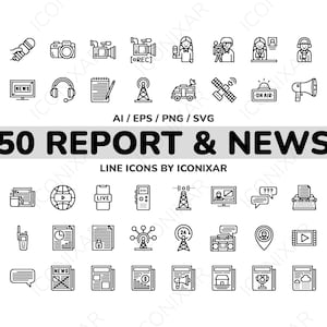 May include: A collection of 50 black and white line icons related to news and reporting. Icons include microphones, cameras, a globe, a satellite, a news van, and a television screen. The text "50 REPORT & NEWS" is displayed.