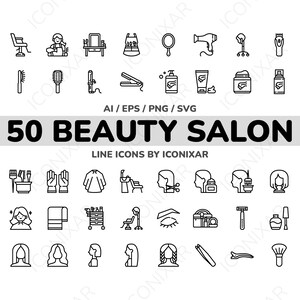 May include: A collection of 50 black and white line icons related to a beauty salon. The icons include tools like scissors, hair dryers, and combs, along with images of hairstyles and salon furniture. The text "50 BEAUTY SALON" is displayed.