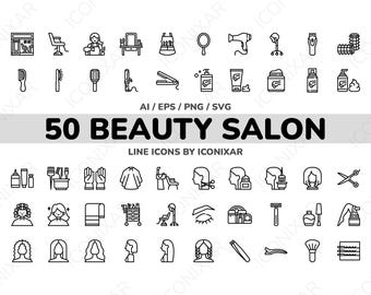 May include: A collection of 50 black and white line icons related to a beauty salon. The icons include tools like scissors, hair dryers, and combs, along with images of hairstyles and salon furniture. The text "50 BEAUTY SALON" is displayed.
