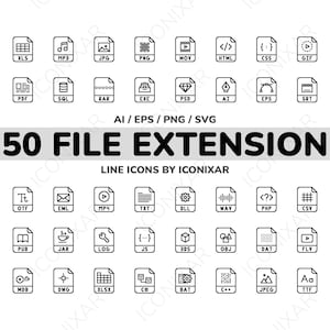 May include: A set of 50 black and white line icons representing different file extensions. The icons are arranged in a grid of five rows and ten columns. The text "50 FILE EXTENSION" is displayed in bold black letters above the icons. The text "LINE ICONS BY ICONIXAR" is displayed in smaller black letters below the icons.