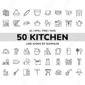 以下が含まれることがあります： 様々なキッチンツールや家電製品を描いた、白黒の線画アイコン50個のセット。アイコンには、電子レンジ、オーブン、ミキサー、麺棒、計量カップ、キッチンシンク、ティーポット、キッチン スケール、ブレンダー、トースター、ワインボトル、ワイングラス、まな板、ヘラ、泡立て器、ザル、塩コショウ入れ、ほうき、コーヒーメーカー、コルク抜き、グリル、ピザカッターなどが含まれています。