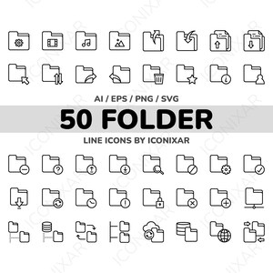 May include: A set of 50 black and white line icons depicting different types of folders. The icons are arranged in a grid pattern and include various folder actions, such as opening, closing, deleting, and sharing.