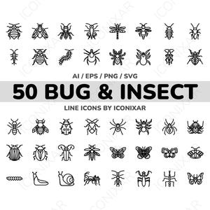 May include: A set of 50 black and white line icons depicting various bugs and insects. The icons include a variety of species, such as beetles, butterflies, spiders, ants, and caterpillars.