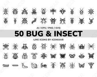 Paquete de iconos de contorno de insectos y bichos, SVG, PNG, iconos vectoriales
