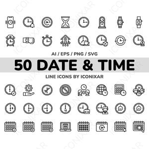 May include: A set of 50 black and white line icons depicting various date and time related concepts. The icons include clocks, calendars, alarm clocks, hourglasses, and other time-related symbols.