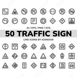 以下が含まれることがあります： さまざまな道路標識を描いた、白黒の線画アイコンのセットです。アイコンはグリッドパターンで配置されており、停止、譲り合い、速度制限、駐車禁止などの標識が含まれています。