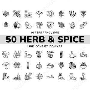 May include: A set of 50 black and white line icons depicting various herbs and spices. The icons are arranged in a grid pattern and include images of garlic, ginger, cinnamon, basil, and more.