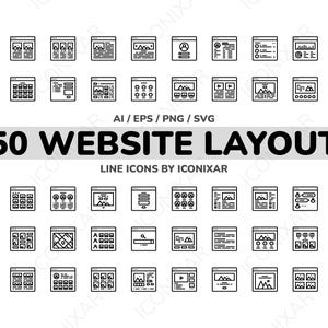 Pode incluir: Uma coleção de 50 ícones de layout de site em um estilo de arte de linha. Os ícones em preto e branco retratam vários designs de sites, incluindo galerias de imagens e perfis de usuário. O texto "50 WEBSITE LAYOUT" é exibido.