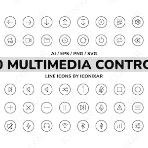 May include: A set of 50 black and white line icons depicting multimedia control symbols. The icons are arranged in a grid pattern and include symbols such as play, pause, rewind, fast forward, volume, mute, and more.