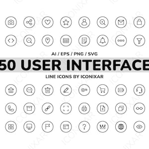 Peut inclure: Un ensemble de 50 icônes de ligne noires et blanches représentant des éléments d'interface utilisateur. Les icônes sont disposées en grille et comprennent des symboles tels qu'une loupe, un appareil photo, un cœur, une étoile, une personne, un cadenas, une cloche, un filtre, un signet, un panier d'achat, une batterie, un casque, un livre, un téléphone, une boîte, un maillon de chaîne, un zoom, une imprimante, un document, un dossier, un avion, une grille, un ordinateur, un drapeau, un point d'interrogation, une couronne, un globe terrestre, un œil et un œil barré.