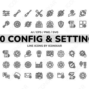 May include: A set of 50 black and white line icons depicting various configuration and setting symbols. The icons include gears, wrenches, screwdrivers, light bulbs, and other symbols related to settings and configuration.