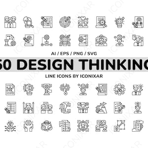 May include: A set of 50 black and white line icons depicting design thinking concepts. The icons are arranged in a grid and include symbols such as light bulbs, gears, people, and targets.