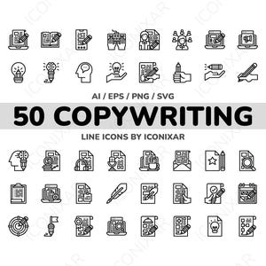 Pode incluir: Um conjunto de 50 ícones de linha preto e branco que representam vários aspectos da redação publicitária, incluindo escrita, edição, brainstorming e marketing. Os ícones estão dispostos em uma grade e são rotulados como "50 ícones de linha de redação publicitária por Iconixar".