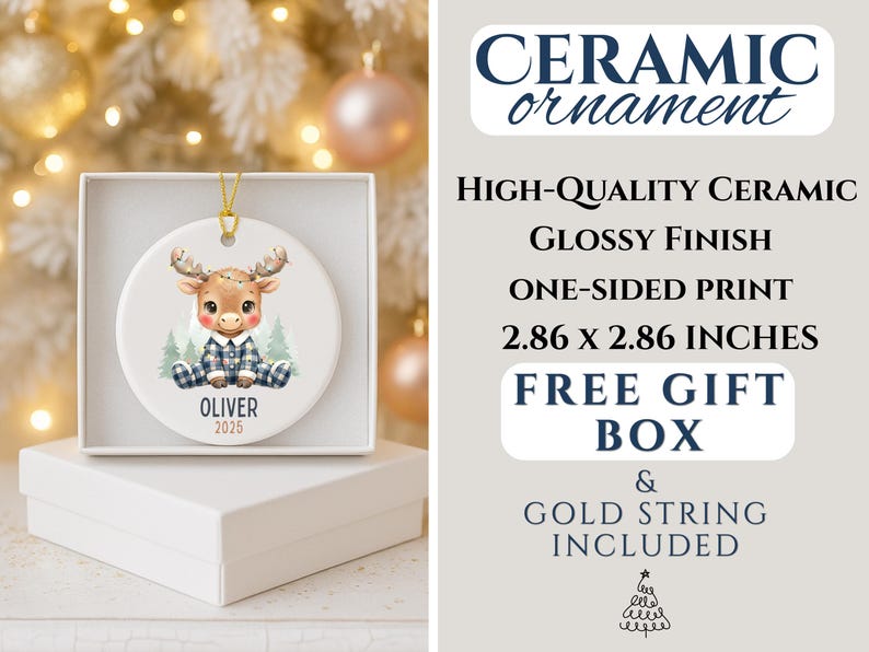 May include: A ceramic Christmas ornament featuring a cartoon moose in a blue plaid outfit. The ornament is 2.86 x 2.86 inches and comes with a free gift box and gold string. The ornament has the name "OLIVER" and the year "2025".