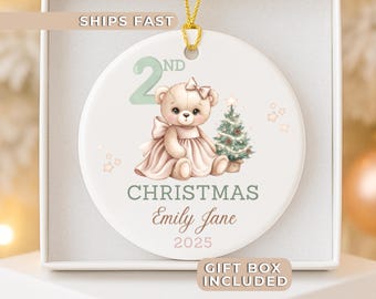 Personalized 2nd Christmas Ornament for Girl, Custom 2025 Toddler Ornament, Baby's Second Christmas Ornament Ceramic Ornament Baby Girl Gift