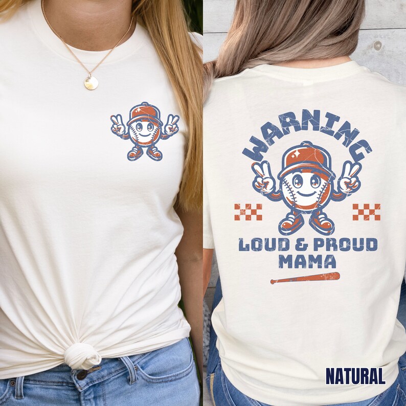 May include: A white t-shirt with a baseball-themed graphic on the front and back. The front graphic is a cartoon baseball with a face and a hat. The back graphic says "WARNING LOUD & PROUD MAMA" with a baseball and bat.