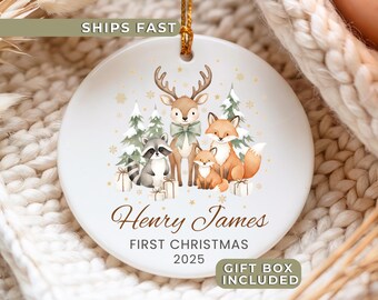 Personalized Woodland Christmas Ornaments, Custom Baby's First Christmas Ornament, New Baby Christmas Gift, Baby Girl Baby Boy Keepsake