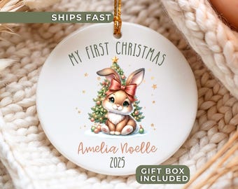 Personalized Babys first christmas ornament, baby's first christmas 2025 ornament girl, ceramic bunny ornament for baby girl, new baby gift