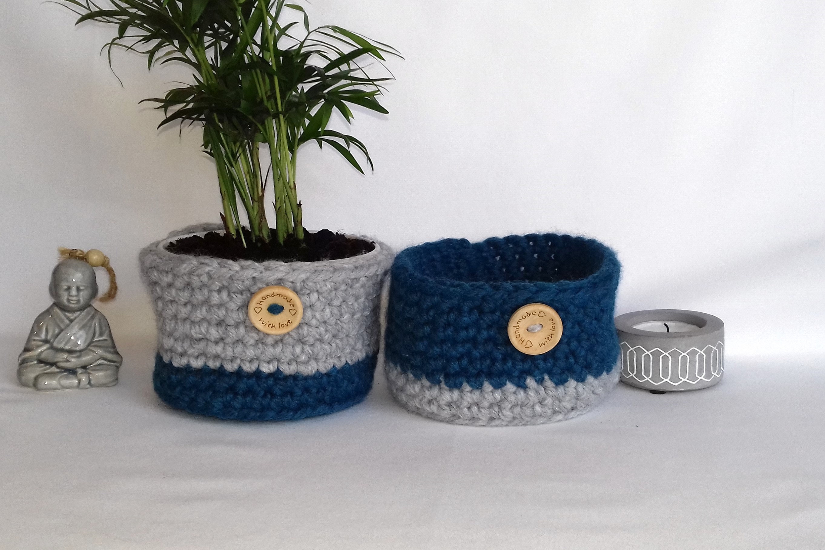 2 Cache-Pots/Corbeilles/Paniers Au Crochet Gris/Bleu Canard Bouton Rond