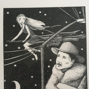 Serafina and Scoresby hand drawn print, artwork inspired by the His Dark Materials series by Philip Pullman (Northern Lights/Golden Compass)