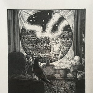 A4 Dust handgetekende print, artwork geïnspireerd op de His Dark Materials-serie van Philip Pullman (Northern Lights, Golden Compass)