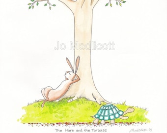 The Tortoise and the Hare, Aesop's Fable inspired artwork print, children's story illustration wall art | Print only or framed