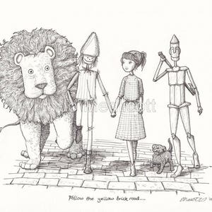 Wizard of Oz Yellow Brick Road original artwork print | Dorothy, Scarecrow, Cowardly Lion, Tin Man & Toto Wall Art | Print only or framed