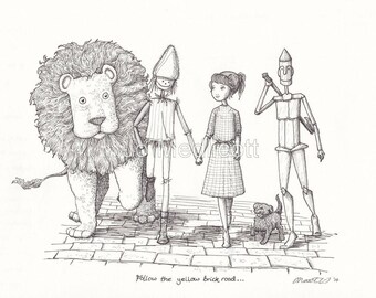 Wizard of Oz Yellow Brick Road original artwork print | Dorothy, Scarecrow, Cowardly Lion, Tin Man & Toto Wall Art | Print only or framed