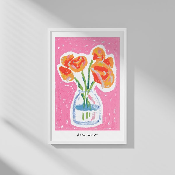 Floral wall decor art print, oil pastel drawing, organic modern art