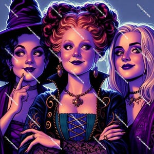 Puede incluir: Ilustración de tres mujeres con disfraces de brujas. La figura central lleva una chaqueta negra con un corsé turquesa y un collar. Las otras dos mujeres visten trajes morados y negros. La imagen tiene un tema de fantasía.