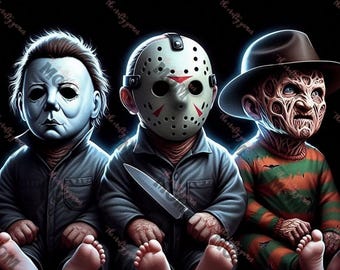 Uroczy portret dzieci z horroru – Michael Myers, Jason, Freddy PNG (natychmiastowe pobranie)